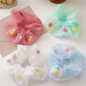 Korean Candy Color Oversized Transparent Organza Hair Scrunchies With Colorful Ball Cute Elastic Rubber Girls's Hair Tie