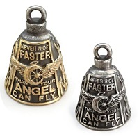 Pendentif cloche à roue ailée en acier inoxydable, cloche de protection pour motard gravée, 2 couleurs noir, or, argent antique, cadeau pour homme