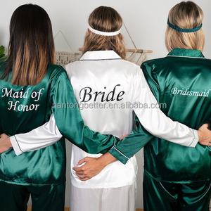 Logo personalizado para mujer, novia, dama de honor, fiesta, cuello vuelto, conjunto de 2 piezas, pijama de manga larga de satén de seda - Product Image 3