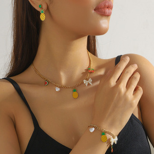 Fruit Pattern Jewelry <b>Set</b> Zinc Alloy Women's Party Necklace <b>Bracelet</b> Earrings With Pineapple Grape Cherry Watermelon Design - Product Image 3