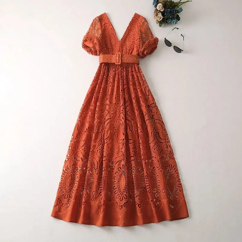 Sexy V-Neck Long Dress 2023 Spring Style Women Allover Hollow Out Embroidery Wide Belted Short Sleeve Casual Orange Maxi Dress