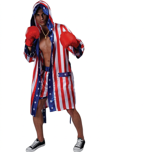 Disfraz de Boxeo con Bandera Americana de Satén de Algodón para Adultos, Bata, Guantes, Pantalones Cortos de Campeón, Atuendo Patriótico para Halloween, Transpirable - Product Image 1