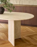 Table à manger en travertin WeiVibe, sur mesure, ovale, à double piétement, pour l'intérieur de la maison