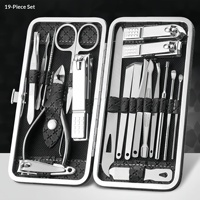 Ensemble professionnel de manucure et pédicure en acier inoxydable 19 pièces, style classique, boîte cadeau, coupe-ongles de voyage, impression sérigraphique