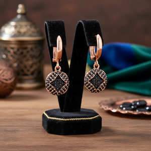 Geometric Shape <b>Black</b> CZ Stone Round Design Jewellery Turkish Wholesale 925 Sterling Silver Jewelry <b>Dangle</b> <b>Earrings</b> - Product Image 3
