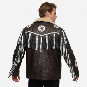 Men Brown <b>Leather</b> Western Fringe <b>Jacket</b> with Fur Collar Beaded Cowboy Genuine <b>Leather</b> Coat with White Tassels - Product Image 2