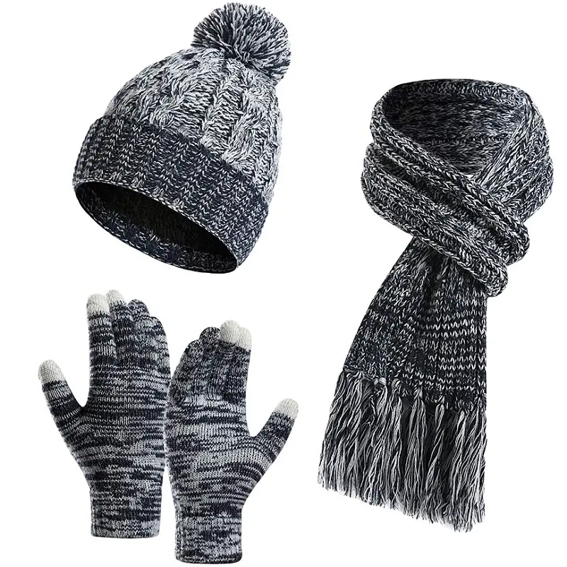3 Pcs Thicken Winter Warm Knitted Beanie Hat Touch Screen Gloves Scarf Set for Christmas Gift