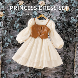 Conjunto de Falda y Chaleco de Piel Sintética Ecológica con Cuello Redondo y Flores para Niñas + Falda Larga de Gasa con Mangas Largas, Estilo Princesa, Informal, para Otoño - Product Image 1