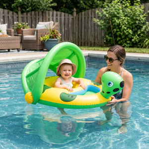 Bouée gonflable pour bébé avec auvent pare-soleil, motif tortue de mer amusant et mignon, dotée de plusieurs chambres à air et d'un vinyle lisse. - Product Image 6