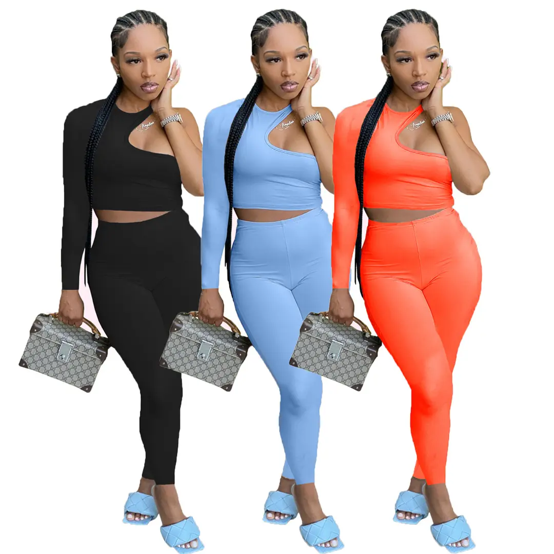 Solid Color Sexy Female 2 Piece Women Outfit Fashion One Shoulder Ladies Tops Latest Design Tight Pant For Women 2 pieces Sets