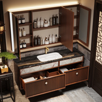 Meuble-lavabo flottant moderne néo-chinois avec plateau en pierre frittée, armoire en bois massif, miroir intelligent et lavabo intégré