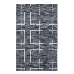 Tapis géométrique moderne rectangulaire gris en polyester à poils ras, résistant aux taches, pour salon - Product Image 1