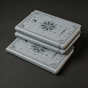 Carnet à couverture rigide avec motif rétro soleil, lune et étoiles, format A6, avec bande élastique, pages intérieures pour notes quotidiennes et journalisation - Product Image 3