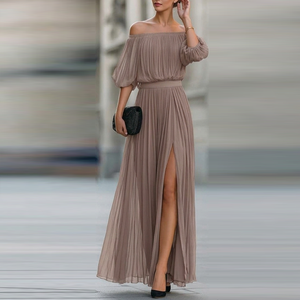 Elegante Abito Lungo da Donna in Chiffon con Spalle Scoperte, Pieghe e Spacco Alto, Vestito da Sera a Maniche Corte per Feste e Cerimonie - Product Image 1