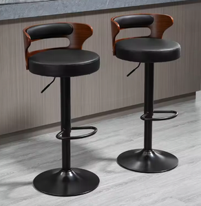 Modern <b>Vintage</b> Bar Chair with Wooden Wrap-Around Backrest, Leather Round Cushion and Black Pedestal for Cafe - Product Image 3