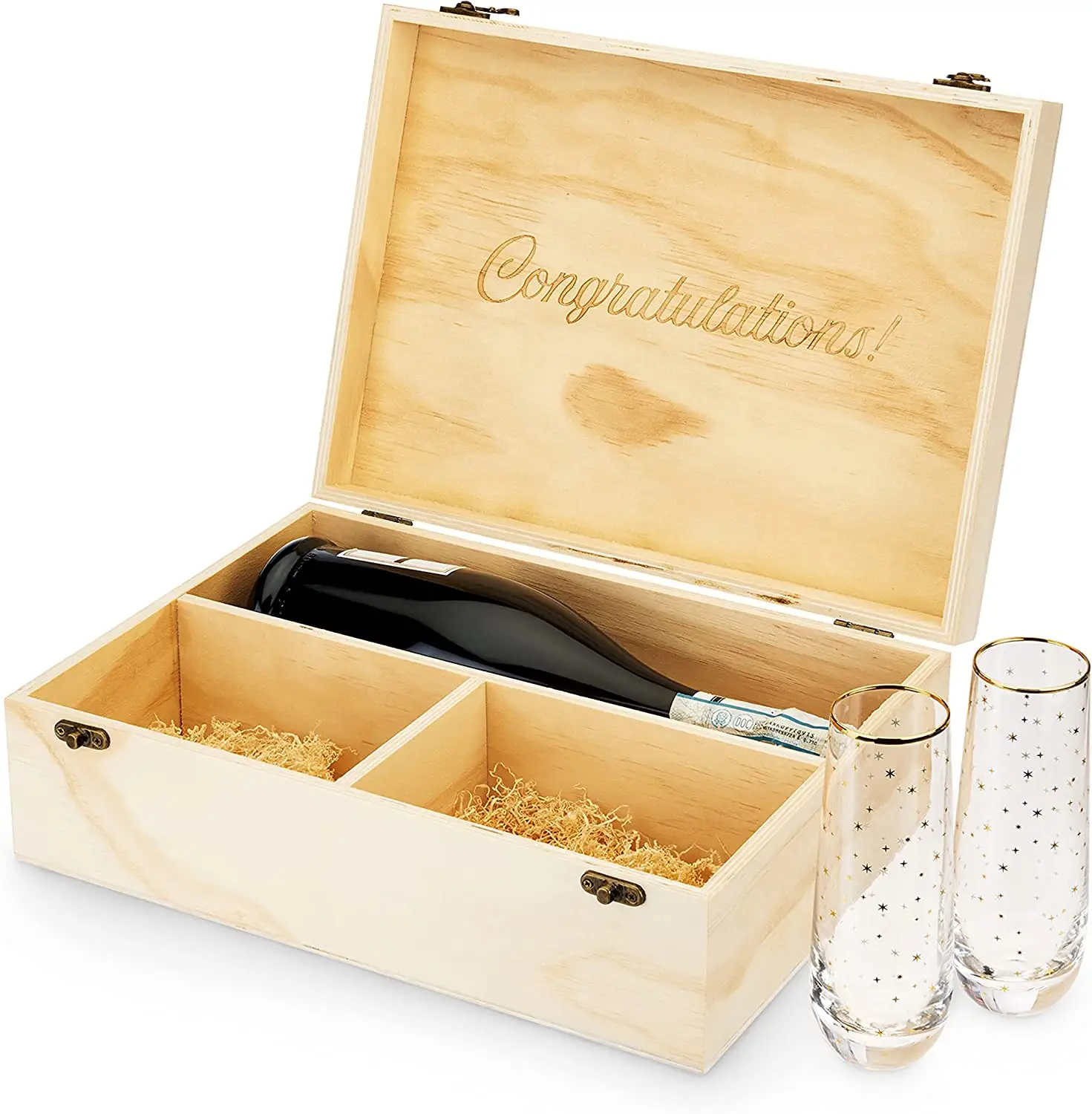 Caja de regalo para botella de vino de madera Natural, tapa con bisagras, 1 soporte para botella de vino