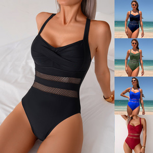 Traje de Baño de Una Pieza para Mujer, Verde Militar, Cuello en V, Secado Rápido, Color Sólido, Lavable a Máquina, para Natación y Deportes Acuáticos - Product Image 5