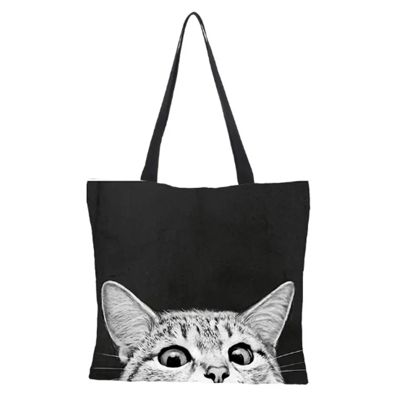 Borsa per la spesa in lino a spalla in cotone nero con modello di cane simpatico gatto coreano ecologica con stampa animale