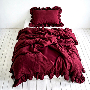 Ensemble de housse de couette en lin rouge à volants sur mesure, pour usage domestique, service OEM/ODM, ensembles de housses de couette - Product Image 1