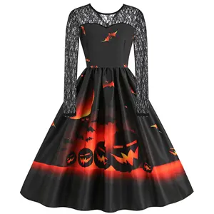 レースレトロハロウィンドレス女性コスチューム長袖ヴィンテージパーティードレススカル魔女怖いハロウィン服コスプレ