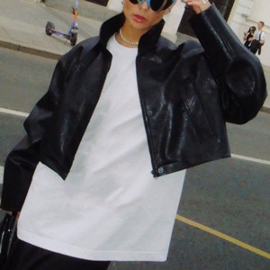 New Arrival Elegant Women <b>Genuine</b> <b>Leather</b> <b>Jacket</b> Street Old Money <b>Jackets</b> Vintage Loose Drop Shoulder Crop <b>Leather</b> <b>Jacket</b> - Product Image 1