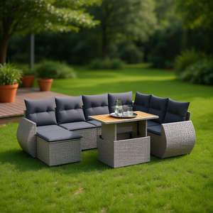 Conjunto de Sofá de Jardín de Ratán PE Gris con Mesa de Madera de Acacia, 6 Plazas, Muebles de Exterior de Diseño Contemporáneo con Estructura de Acero - Product Image 2