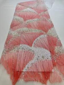 2025 Nigeria rojo guipur cuentas encaje bordado tela lentejuelas perlas trama punto Aso Ebi para boda Africana bordado - Product Image 5