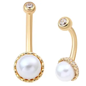 Eternal Metal 14K oro sólido anillos de ombligo con rosca interna con perla blanca Piercing para el cuerpo joyería al por mayor