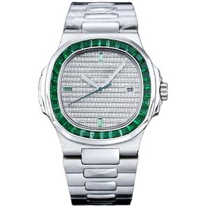 Nouvelle montre-bracelet pour homme de haute qualité, style hip-hop, boîtier en forme d'oreiller, bracelet en acier inoxydable, lunette sertie de pierres vertes, cadran entièrement serti de diamants, affichage de la date - Product Image 1