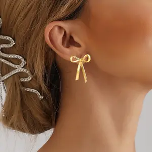 ER240031 Delicate Korean Fashion Chic Alloy Metal Bow tie Hanging Pearl Stud Earrings for Women Girls Jewelry
