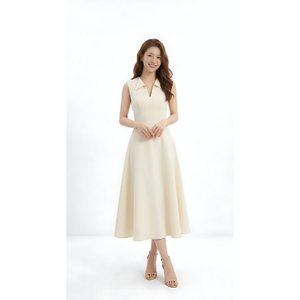 Robe midi élégante ivoire pour femme, prête à être expédiée, sans manches, col à revers, coupe ajustée, pour le travail ou les soirées, prix de gros, best-seller - Product Image 1