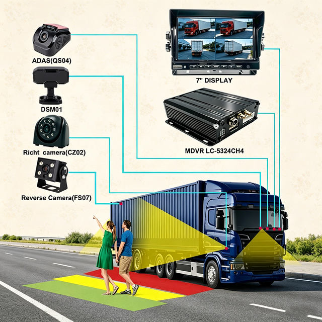 Professional 7 Inch IPS 4CH Vehicle DVR System 1080P H.265 4G GPS WIFI AI ADAS DMS BSD Blind Spot Detection Real-time CMS ODM