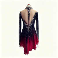 Robe de patinage artistique à col halter, dégradé noir et rouge, ornée de strass, pour la danse sur glace et les compétitions