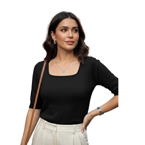 Pull-over élégant à col carré en viscose/coton fin et doux pour femmes et filles - Product Image 1