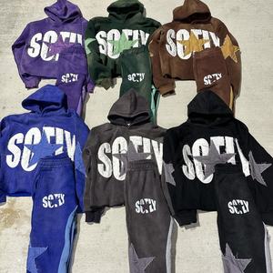 Custom Logo Streetwear <b>Embroidery</b> Acid Wash Hoodies Unisex Stacked Flared Sweat Pants Track Suits 3D Patch Hoodie and Jogger <b>Set</b> - Product Image 1