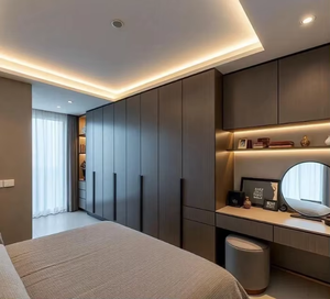 Armoire coulissante LED moderne <span class=keywords><strong>avec</strong></span> <span class=keywords><strong>coiffeuse</strong></span>, rangements, étagères ouvertes et tiroirs pour chambre à coucher - Product Image 1
