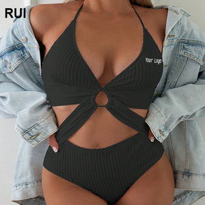 Bikini de una pieza de Color sólido sexy personalizado de fábrica, último traje de baño hueco para mujer con decoración de cristal y joyería, conjunto de 2 piezas - Product Image 1