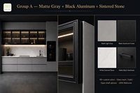 Cuisine complète sur mesure, armoires gris beige sans poignées, aluminium noir, LED, fermeture douce, plan de travail en marbre, ISPM-15, export, usine OEM