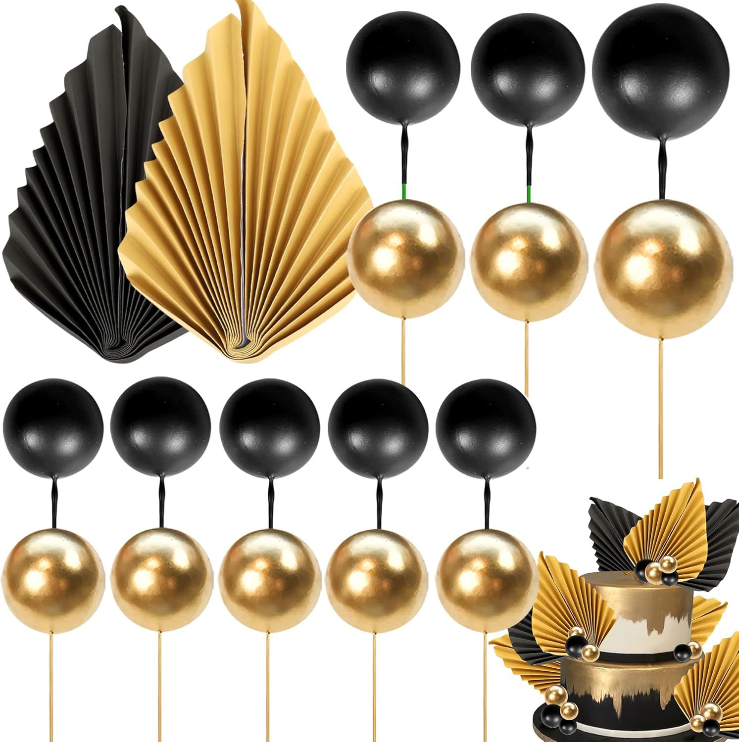 Ensemble de 20 éventails en papier avec boules en mousse noir et or.
