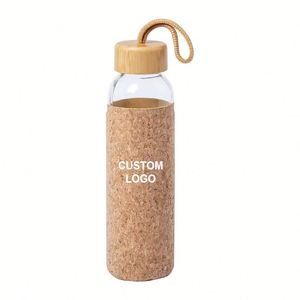 Eco Friendly Drinking Water Bottle Bamboo Lid and Carry Strap High Borosilicate Glass Sport Bottle With Natural Cork Sleeve - Product Image 1