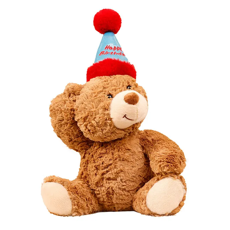 Vendita calda all'ingrosso di buon compleanno orsacchiotto con cappello animali di peluche rosso rosa blu orsacchiotto di compleanno