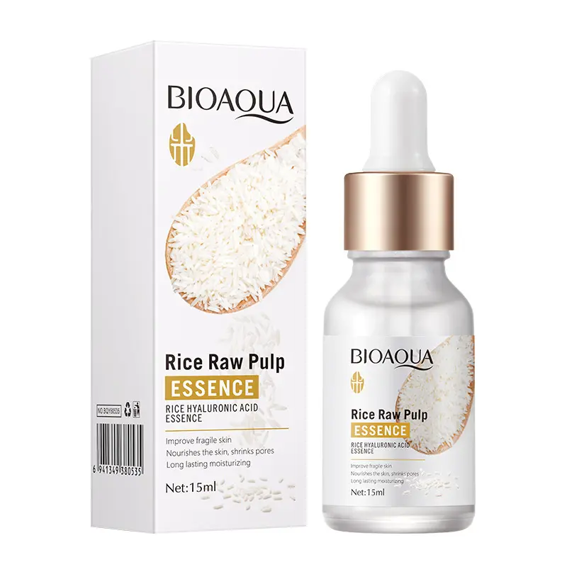 BIOAQUA OEM ข้าวเยื่อกระดาษดิบอินทรีย์ผิวความงามสาระสำคัญใบหน้าสีขาวข้าวเซรั่ม