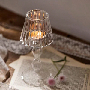 Portavelas Romántico de Cristal, Diseño de Lámpara de Mesa Europea <span class=keywords><strong>con</strong></span> Pantalla Acanalada, Base de Cristal Transparente para Centro de Mesa de Boda y Decoración del Hogar - Product Image 4