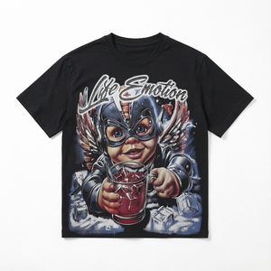 T-shirt noir imprimé Life Emotion pour hommes, avec motif de personnage, manches courtes, col rond, style décontracté - Product Image 1