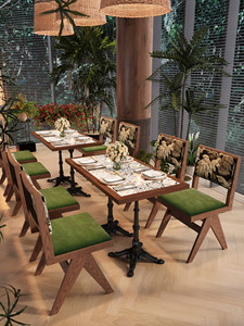 Muebles de Madera para Jardín, Cafetería o <span class=keywords><strong>Restaurante</strong></span>: Mesa de Comedor con Diseño de Hojas Tropicales, Sillas de Madera Maciza con Respaldo en X y Detalles Florales - Product Image 1