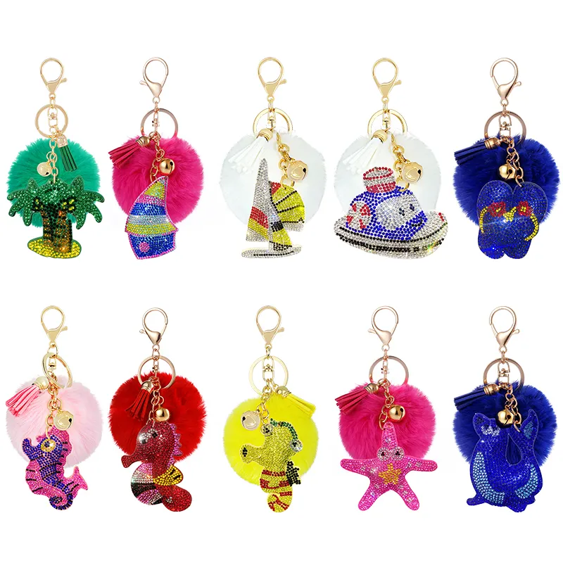 New Rhinestone Flannel Small Gift Cartoon Character Marine Animal Shaped Hair Ball Keychain Tassel Bell Accessories Car Bag Orna