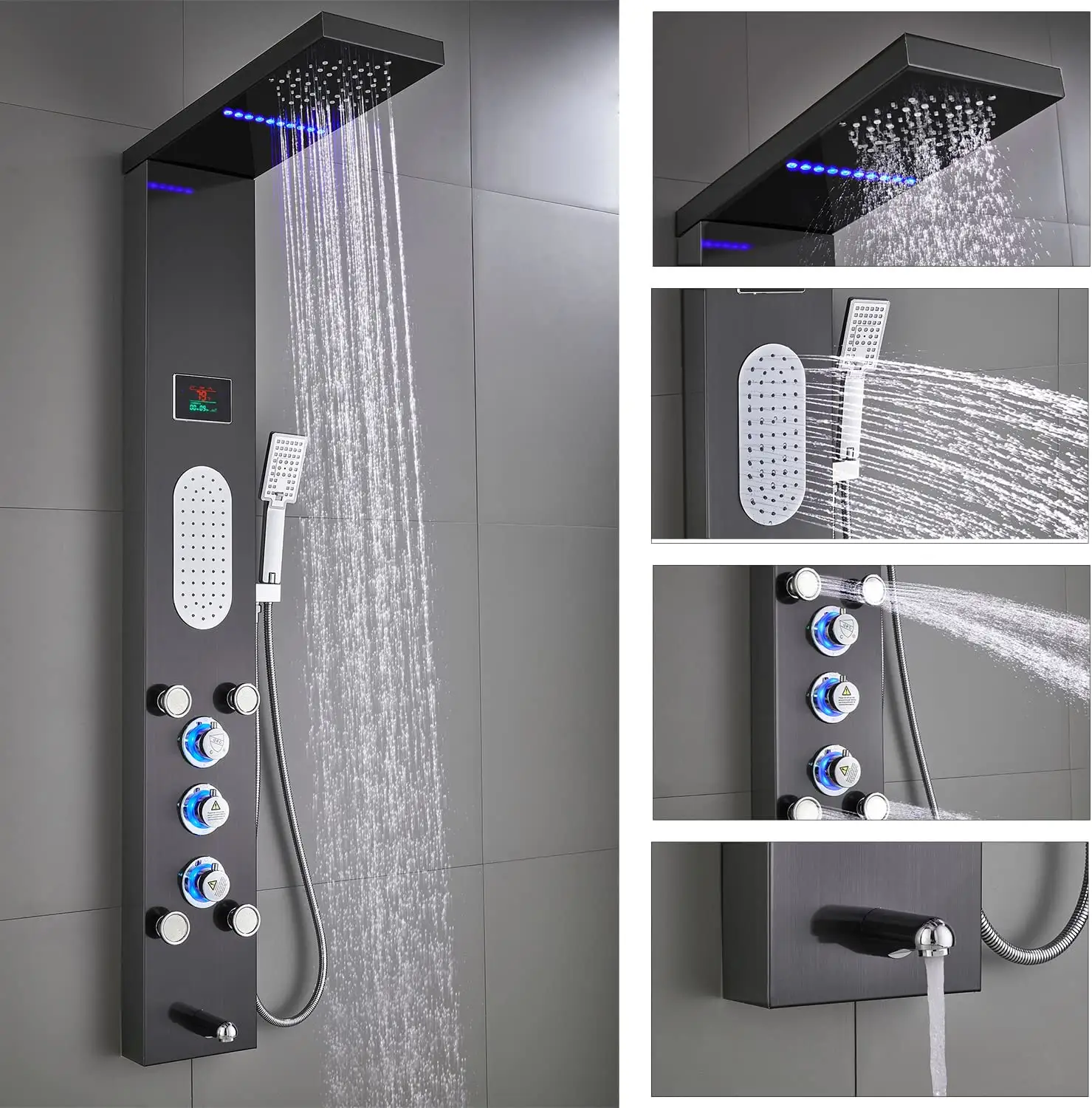 LED Shower Panel Tower System Rainfall and Mist Head Rain Massage Stainless Steel Shower Fixtures with Adjustable Body Jet