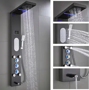 发光二极管淋浴面板塔系统降雨和雾头雨水按摩不锈钢淋浴固定装置，带可调身体喷射
