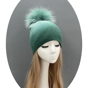 Janefur Supplier topi Pom bulu asli Chunky elegan lembut topi Beanie musim dingin rajut Logo kustom anak perempuan wanita