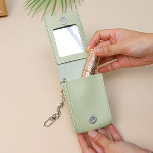 Stocked 6 Colors Pu Leather Lady <b>Lipstick</b> Holder Keychain Mirror Magnetic Closure Hanging Case Portable Lip Gloss Pocket - Product Image 4